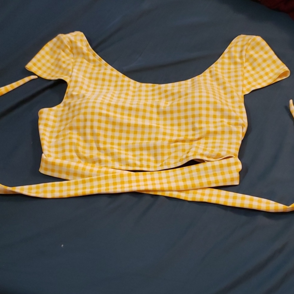 Wrap Back Cap Sleeve Swim Top Yellow Gingham